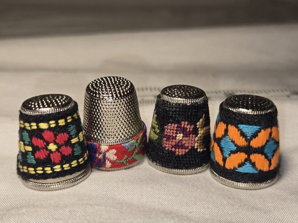 4 Vintage Thimbles w a Needlepoint Look Bright Colors Floral Collectible